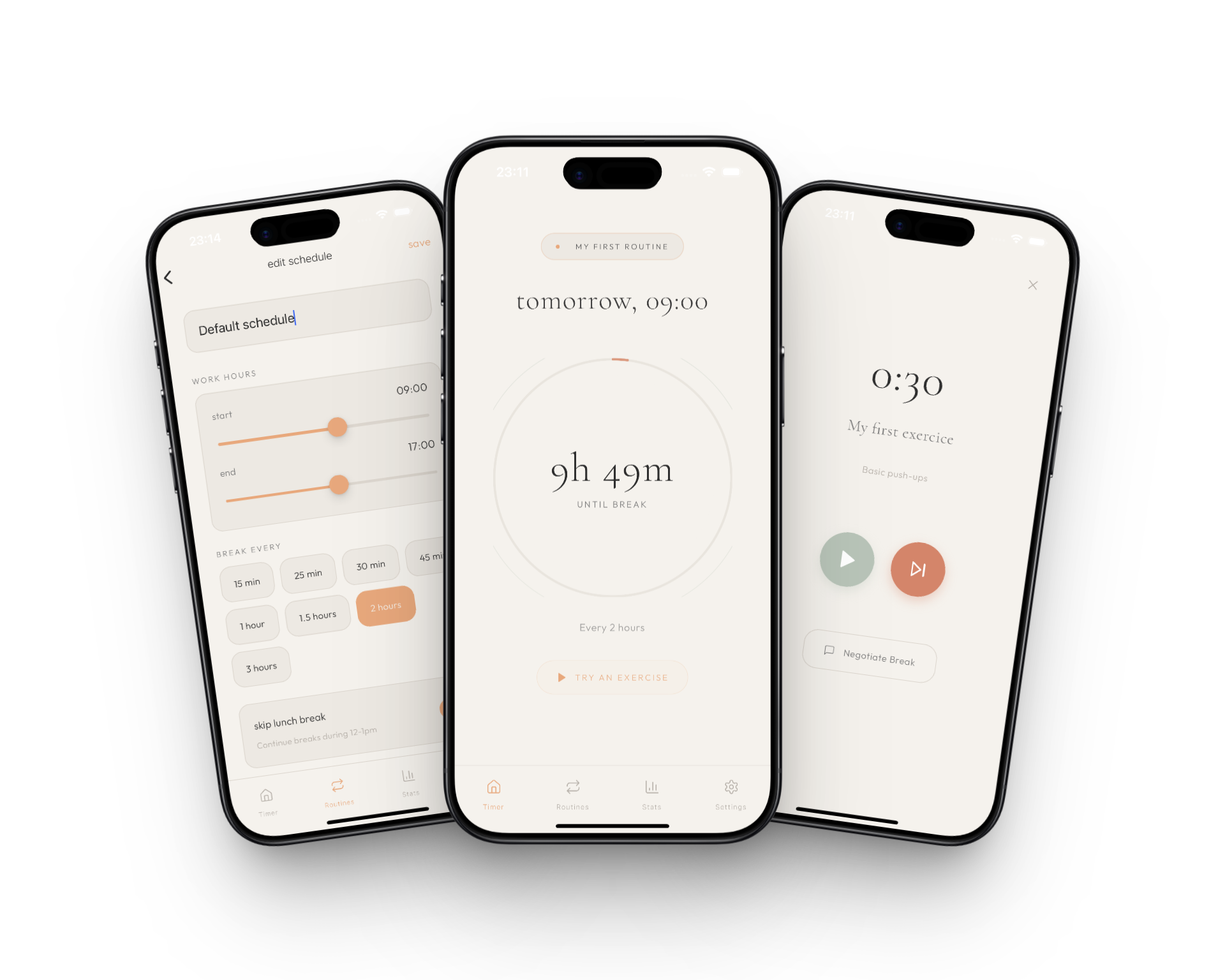 pause.fit app preview — timer, schedule, and exercise screens